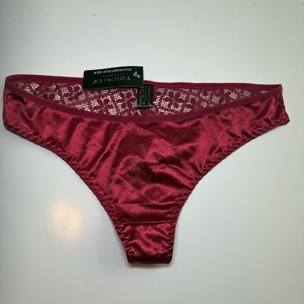 NWT Youmita Thong Panty Womens M Burgundy Lace Satin Romantic Holiday Christmas
